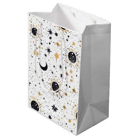 Zwart en Goud Celestial Zon Maan Sterren Medium Cadeauzakje (Achterkant Gekanteld)