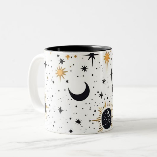 Zwart en Goud Celestial Zon Maan Sterren Tweekleurige Koffiemok (Voorkant links)