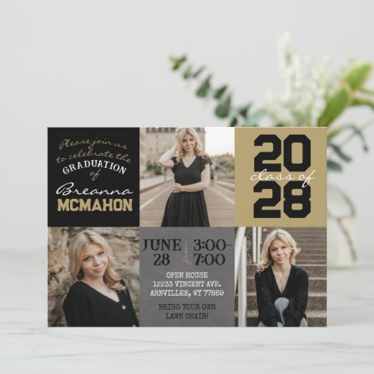 Zwart en Goud Chalkboard 3 Foto Afstuderen Kaart (Staand voorkant)