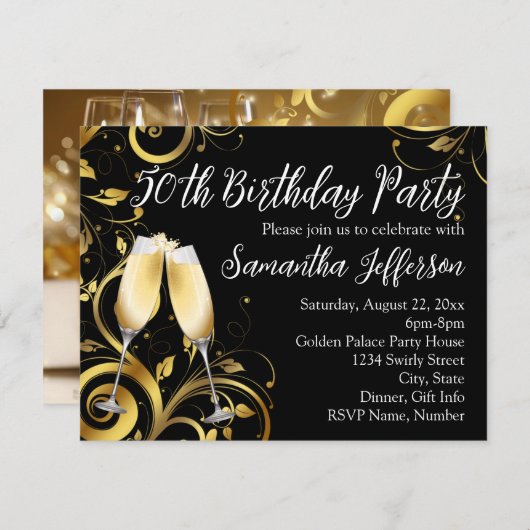 Zwart en Goud Champagne 50e Verjaardagsfeest Kaart (Voorkant / Achterkant)