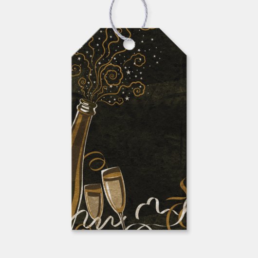 Zwart en Goud Champagne Glazen Fles Swirls Labels Cadeaulabel (Voorkant)