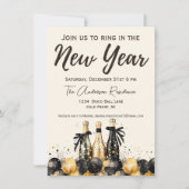 Zwart en Goud Champagne Oudejaarsavond Feest Kaart (Voorkant)