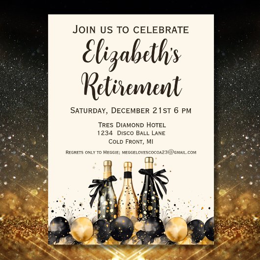 Zwart en Goud Champagne Pensionering Party Kaart