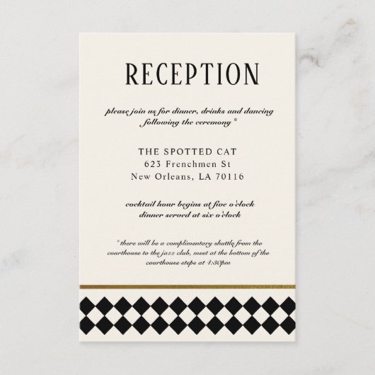 Zwart en goud Checkerboard Border Receptie Informatiekaartje (Voorkant)