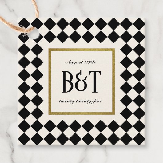 Zwart en Goud Checkerboard Grens Bruiloft Bedankjes Labels (Voorkant)