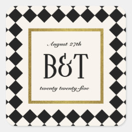 Zwart en Goud Checkerboard Grens Bruiloft Vierkante Sticker