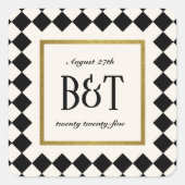 Zwart en Goud Checkerboard Grens Bruiloft Vierkante Sticker (Voorkant)