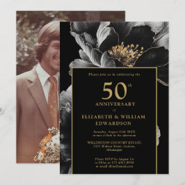 Zwart en Goud Chic Bloemen 50e Jubileum Foto Kaart