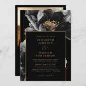 Zwart en Goud Chic Bloemen Foto QR Code Huwelijk Kaart (Voorkant / Achterkant)