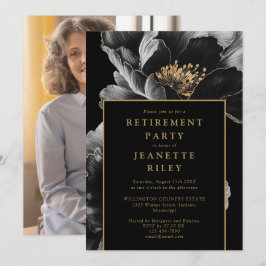 Zwart en goud Chic Bloemen Pensioen Party Foto Kaart