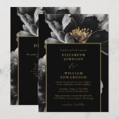 Zwart en goud chic elegante bloem QR-code bruiloft Kaart (Voorkant / Achterkant)