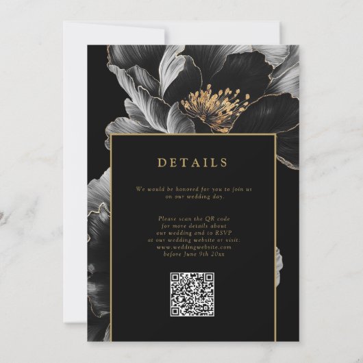Zwart en goud Chic Elegante Bloemen QR Code Huweli Kaart (Achterkant)