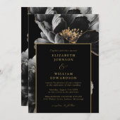 Zwart en goud Chic Elegante Bloemen QR Code Huweli Kaart (Voorkant / Achterkant)