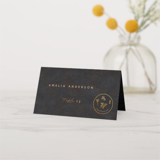Zwart en Goud Chic Vegetarische Trouwvoeding Keuze Plaatskaartje (Voorkant)