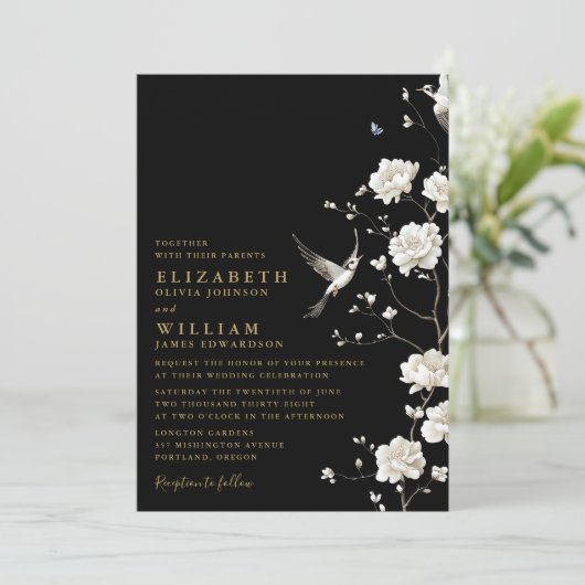 Zwart en Goud Chinoiserie Bloemen QR Code Huwelijk Kaart (Staand voorkant)