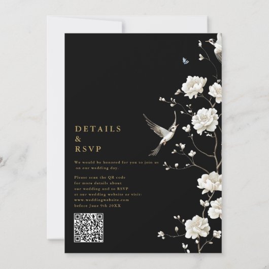 Zwart en Goud Chinoiserie Bloemen QR Code Huwelijk Kaart (Achterkant)