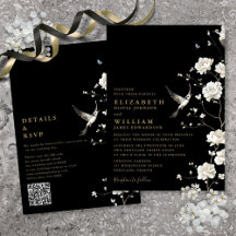 Zwart en Goud Chinoiserie Bloemen QR Code Huwelijk