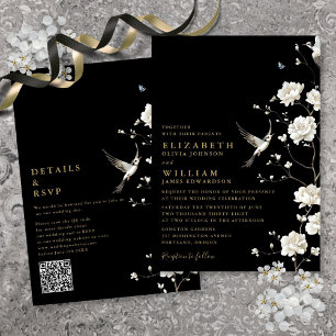 Zwart en Goud Chinoiserie Bloemen QR Code Huwelijk Kaart