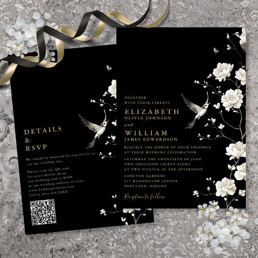 Zwart en Goud Chinoiserie Bloemen QR Code Huwelijk Kaart