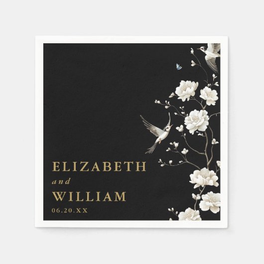 Zwart en Goud Chinoiserie Bloementuin Trouwen Servet (Voorkant)