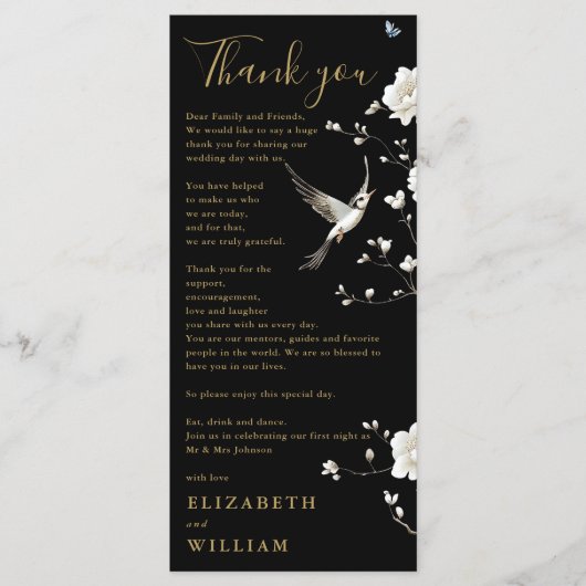 Zwart en goud Chinoiserie bruiloft bedankkaart Menu (Voorkant)