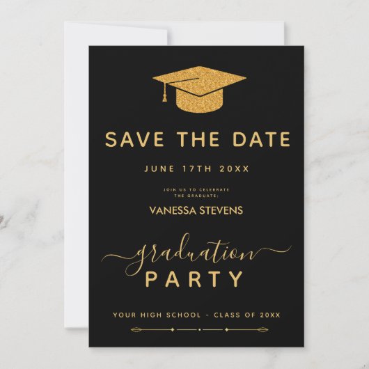 Zwart en Goud Classic Afstuderen Save the Date Kaart (Voorkant)