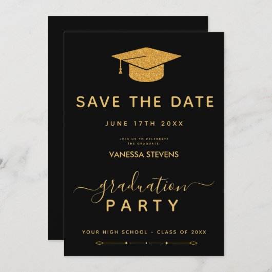 Zwart en Goud Classic Afstuderen Save the Date Kaart (Voorkant / Achterkant)