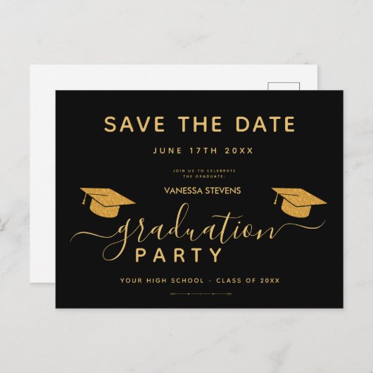 Zwart en Goud Classic Afstuderen Save the Date Uitnodiging Briefkaart (Voorkant / Achterkant)