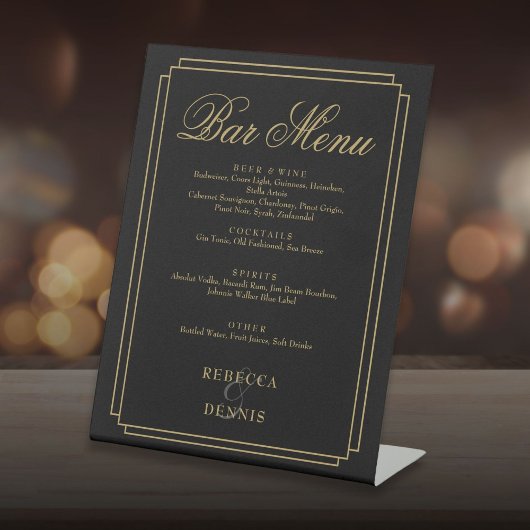 Zwart en Goud Classic Art Deco Bruiloft Bar Menu Reclamebord Met Voetstuk