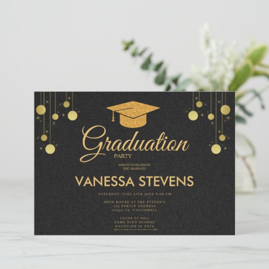 Zwart en Goud Classic Graduation Cap Party Kaart (Staand voorkant)