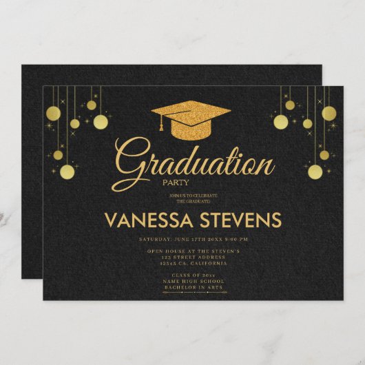 Zwart en Goud Classic Graduation Cap Party Kaart (Voorkant / Achterkant)