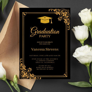 Zwart en Goud Classic Graduation Cap Party Kaart