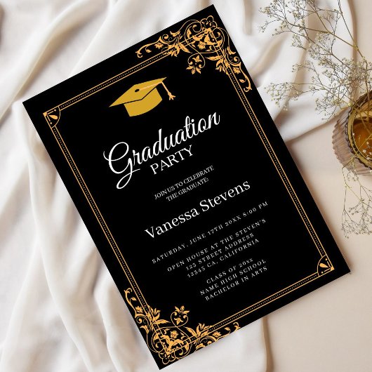 Zwart en Goud Classic Graduation Cap Party Kaart