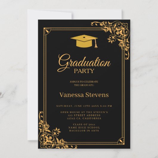 Zwart en Goud Classic Graduation Cap Party Kaart (Voorkant)