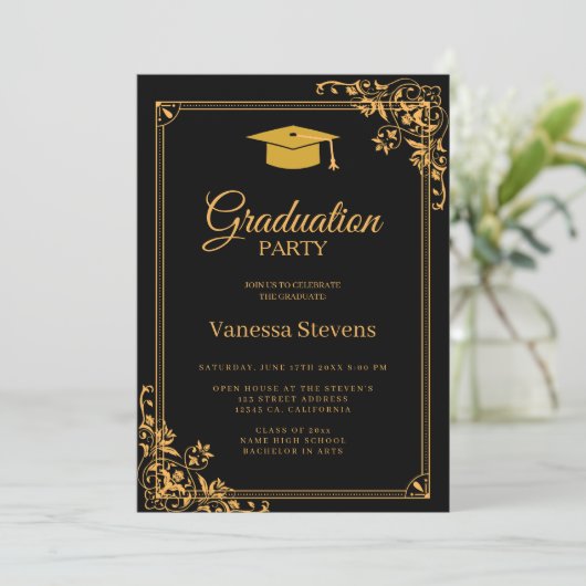 Zwart en Goud Classic Graduation Cap Party Kaart (Staand voorkant)
