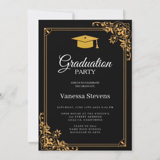 Zwart en Goud Classic Graduation Cap Party Kaart (Voorkant)