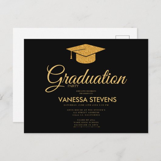 Zwart en Goud Classic Graduation Cap Party Uitnodiging Briefkaart (Voorkant / Achterkant)