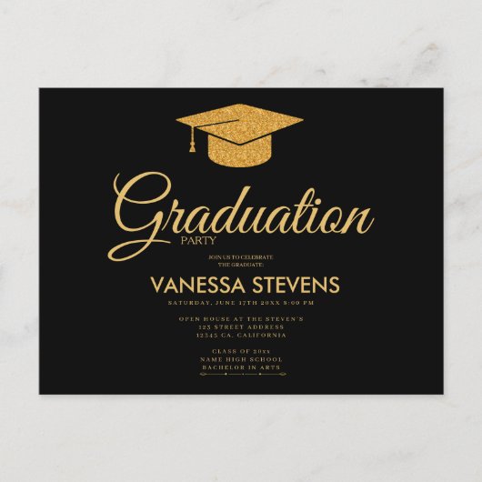 Zwart en Goud Classic Graduation Cap Party Uitnodiging Briefkaart (Voorkant)