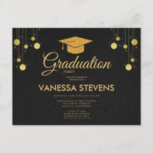 Zwart en Goud Classic Graduation Cap Party Uitnodiging Briefkaart