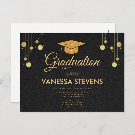Zwart en Goud Classic Graduation Cap Party Uitnodiging Briefkaart (Voorkant / Achterkant)