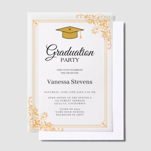 Zwart en Goud Classic Graduation Cap Party Vellum Uitnodigingen (Offset)
