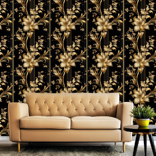Zwart en Goud Classy Elegant Bloemen Patroon Behang