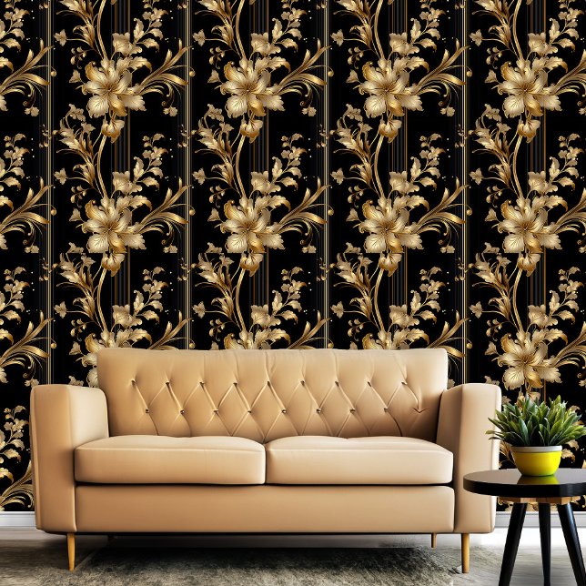 Zwart en Goud Classy Elegant Bloemen Patroon Behang (Black and Gold Classy Elegant Floral Pattern Wallpaper)