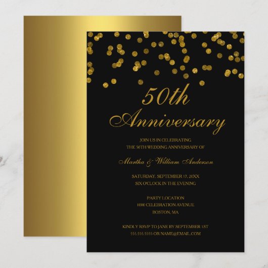 Zwart en Goud Confetti 50ste Huwelijksverjaardag Kaart (Voorkant / Achterkant)