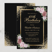 Zwart en Goud Confetti Blush Bloemen 60ste Verjaar Kaart (Voorkant / Achterkant)