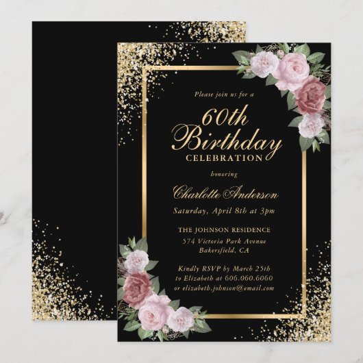 Zwart en Goud Confetti Blush Bloemen 60ste Verjaar Kaart (Voorkant / Achterkant)