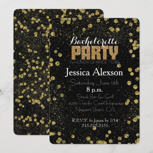 Zwart en Goud Confetti Faux Glitter Bachelorette Kaart (Voorkant / Achterkant)