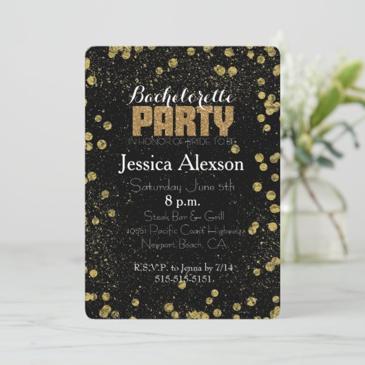 Zwart en Goud Confetti Faux Glitter Bachelorette Kaart (Staand voorkant)
