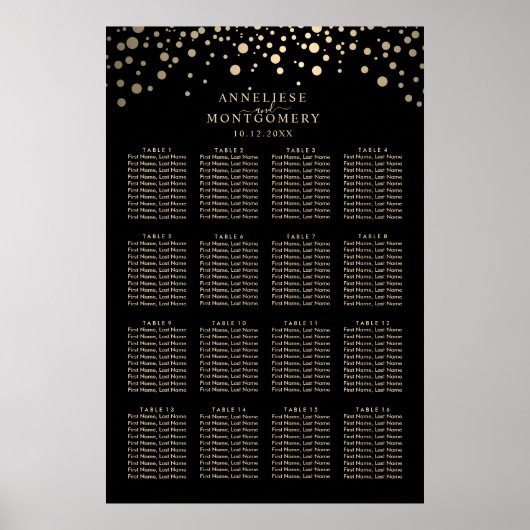 Zwart en Goud Confetti Stippen 16 Zitkaarten Poster (Voorkant)