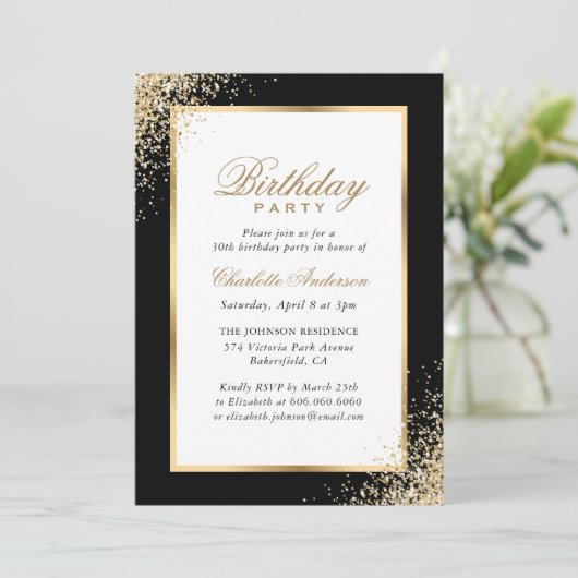 Zwart en Goud Confetti Verjaardagsfeest Kaart (Staand voorkant)